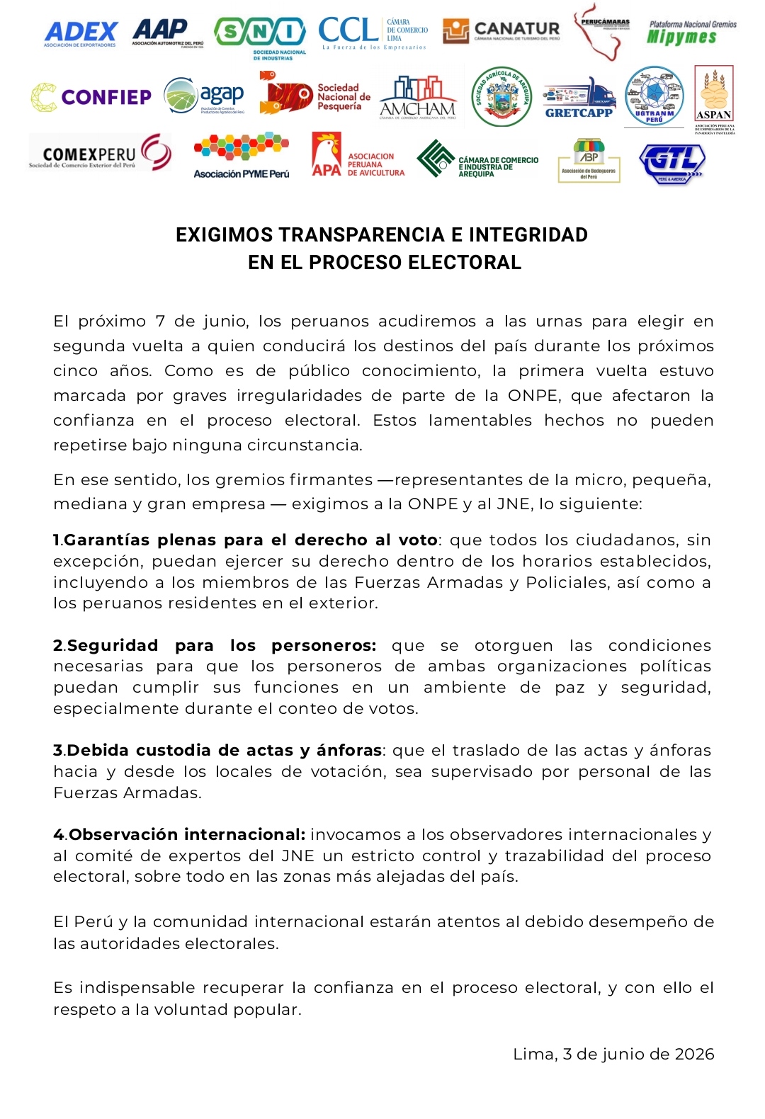 AGAP exige transparencia e integridad en el proceso electoral